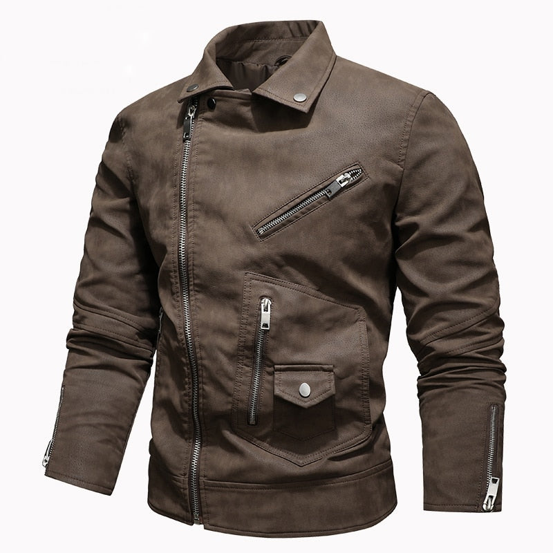 Vintage brown PU leather biker jacket with zippers on sleeves, perfect for stylish motorcycle enthusiasts.