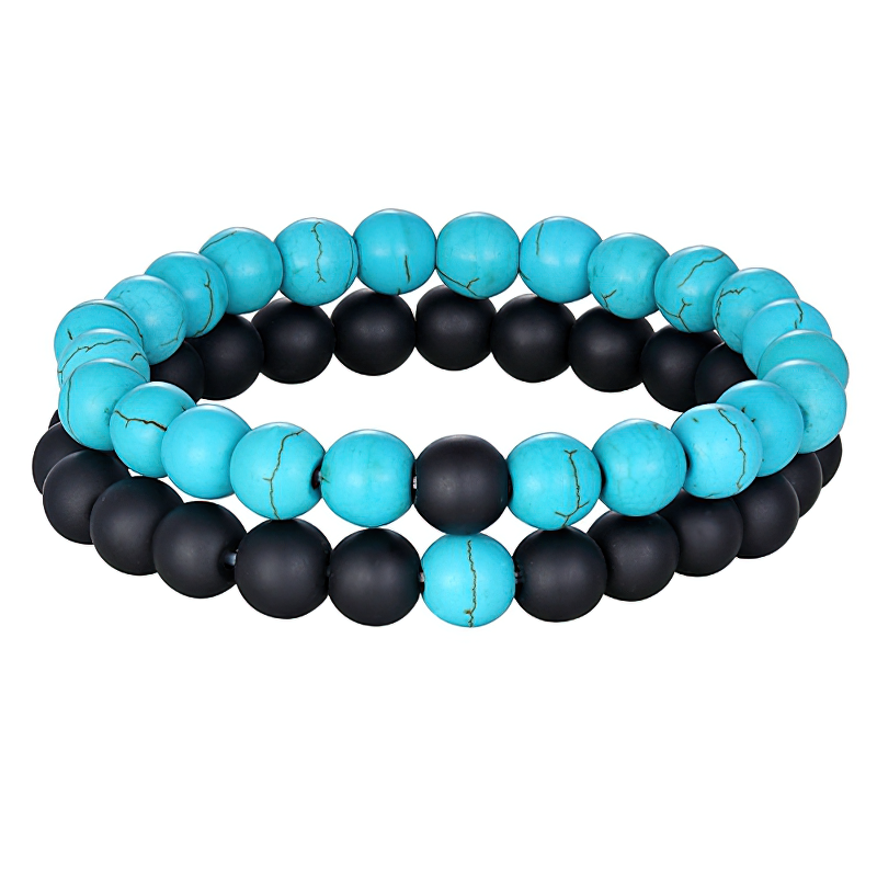 Fashion natural stone bracelet set for men and women, featuring turquoise and black beads for trendy couples.