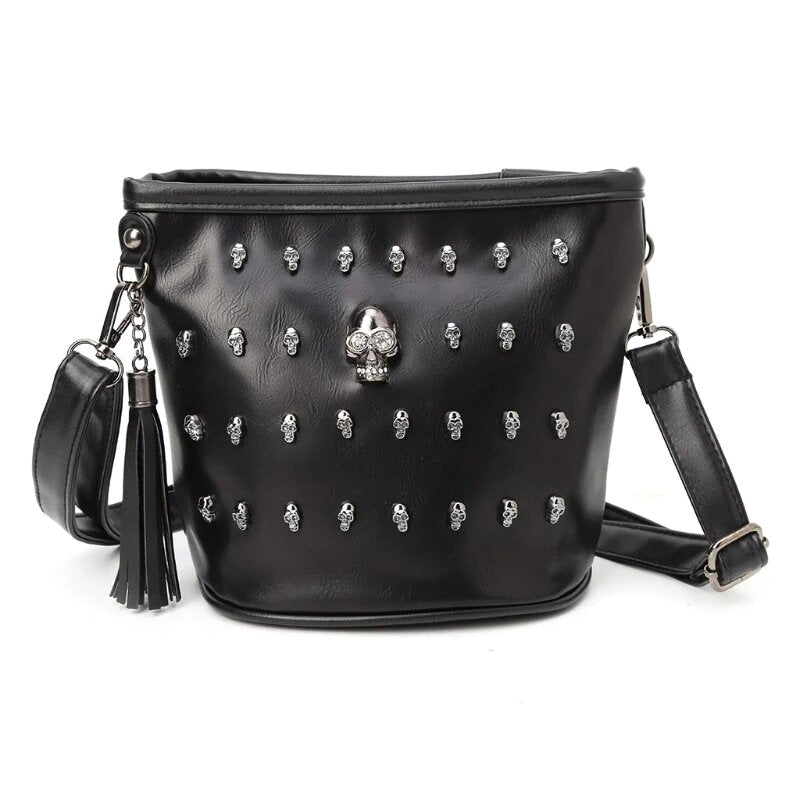 Stylish women's rock skull shoulder bag with silver studs, perfect edgy accessory for any rock outfit.