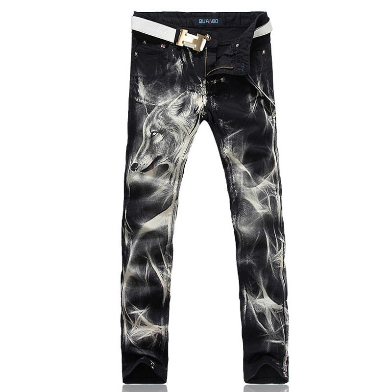 Fashion Men's Wolf Printed Black Jeans / Male Slim Straight Stretch Trousers in Gothic Style - HARD'N'HEAVY