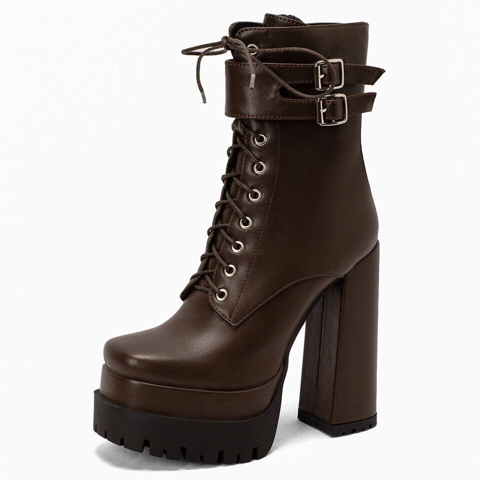 Stylish brown ladies square high heel platform ankle boots with buckle and lace-up design, perfect for punk style outfits.