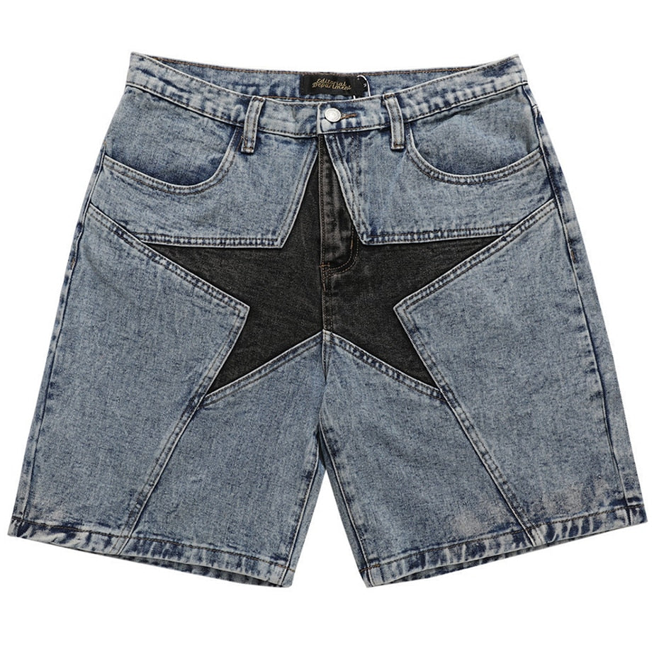 Men's patchwork denim shorts with star design for alternative style clothing.