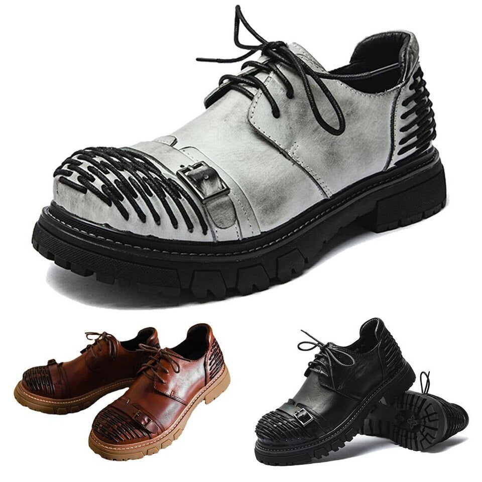 Stylish men's genuine leather platform shoes in three colors with unique design for casual and driving style.