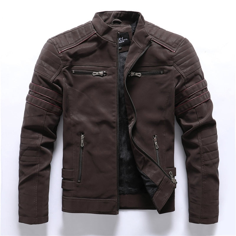 Casual Stand Collar PU Leather Motorcycle Jacket / Fashion Men's Zipper Clothing with Multi-Pockets - HARD'N'HEAVY