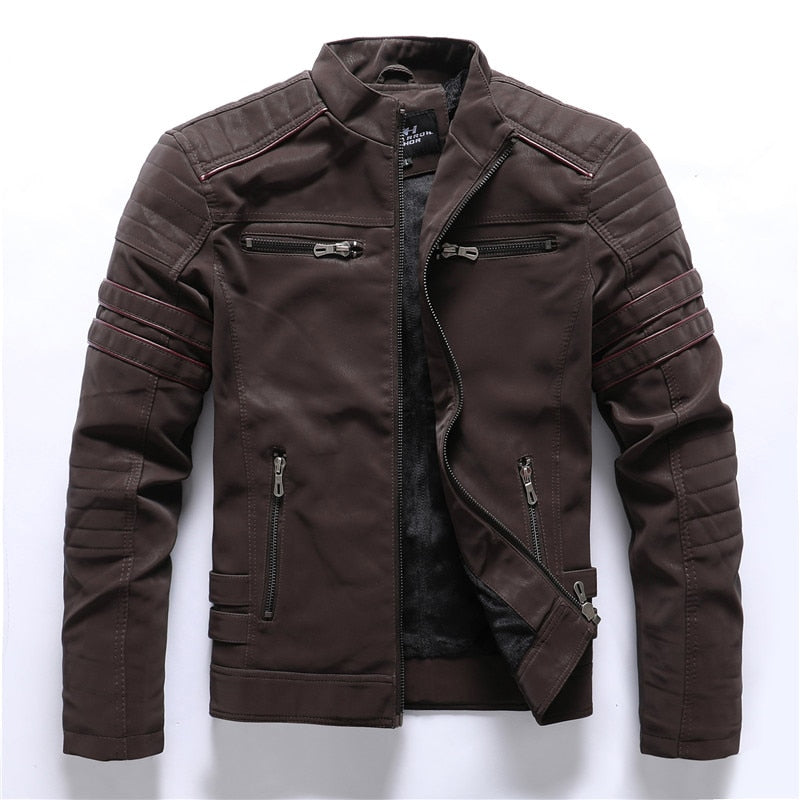 Stylish men's brown PU leather motorcycle jacket with multi pockets and zipper closure.
