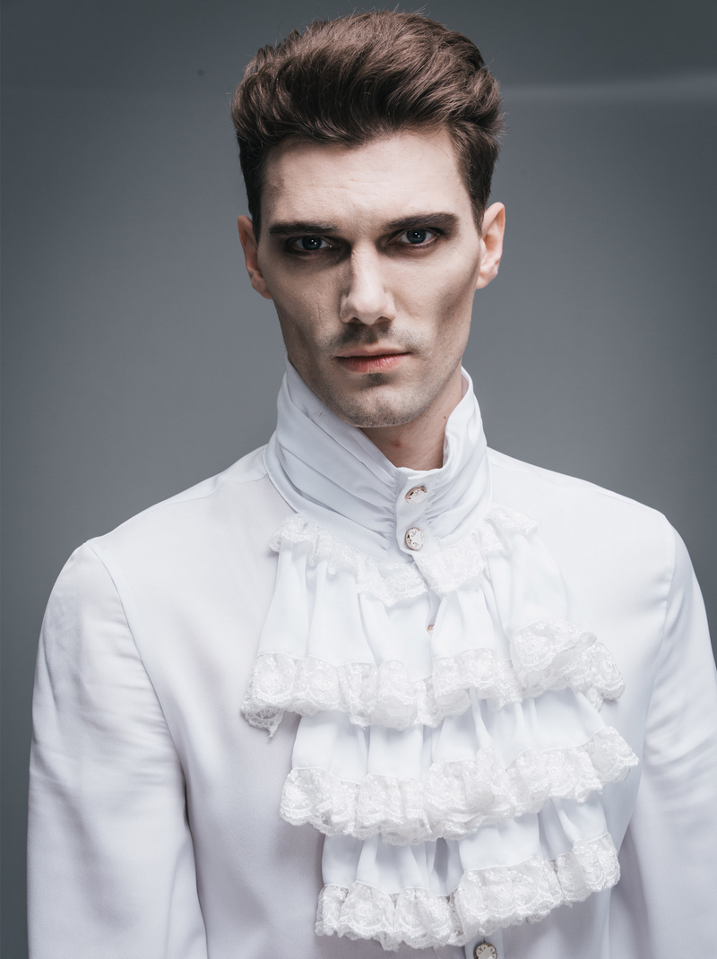 Steampunk Male White Flounce Tie Shirt / Vintage Long Sleeves Blouses for Men - HARD'N'HEAVY