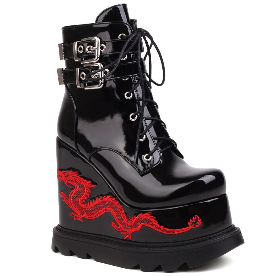 Black gothic women's ankle boots with dragon embroidery and high wedges, perfect for trendy looks.