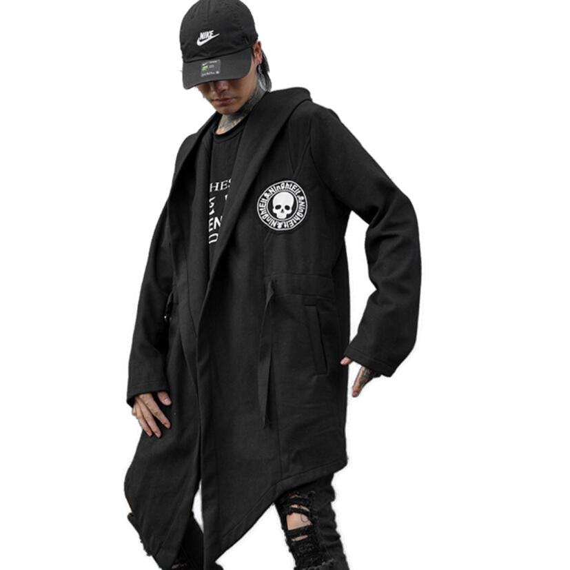 Skull printed men punk Rock Style long trench coat / hooded gothic cloak jacket alternatve cardigan - HARD'N'HEAVY