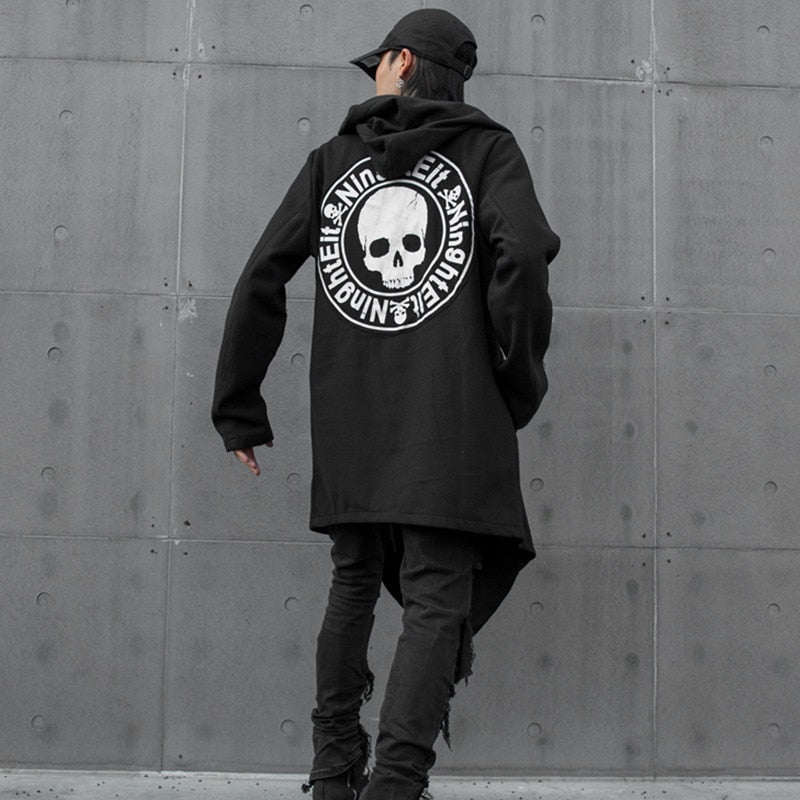 Skull printed men punk Rock Style long trench coat / hooded gothic cloak jacket alternatve cardigan - HARD'N'HEAVY