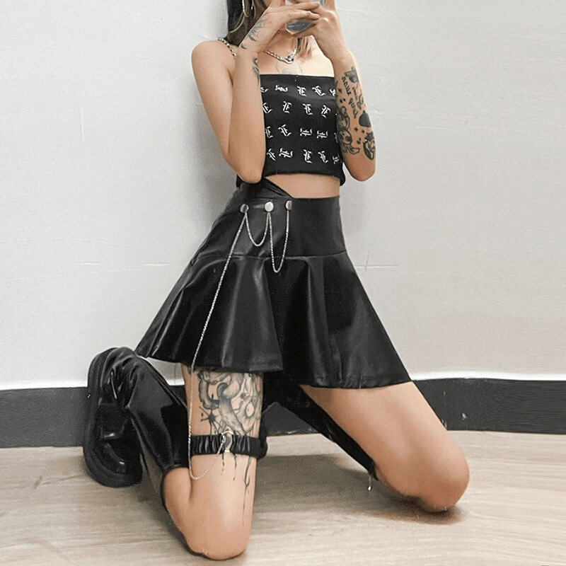 Punk rock women's black faux leather mini skirt with leg garter, showcasing edgy style and quality design.