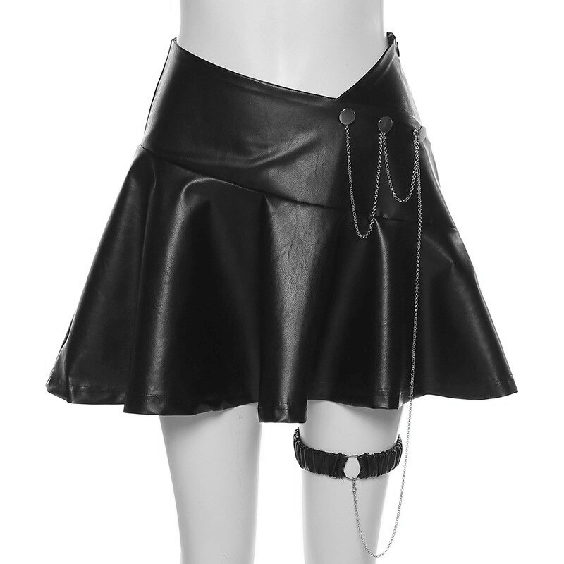 A-line black faux leather mini skirt with leg garter and metal chain for women's punk rock fashion.