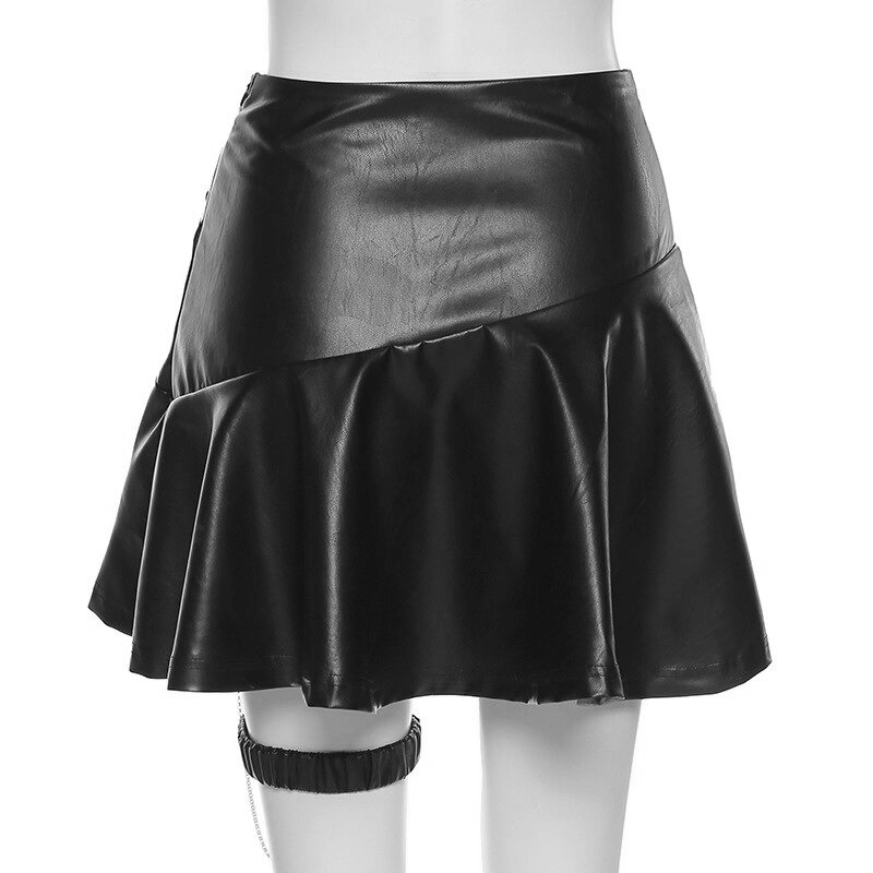 A-line black faux leather mini skirt with leg garter on metal chain for women's punk rock style.
