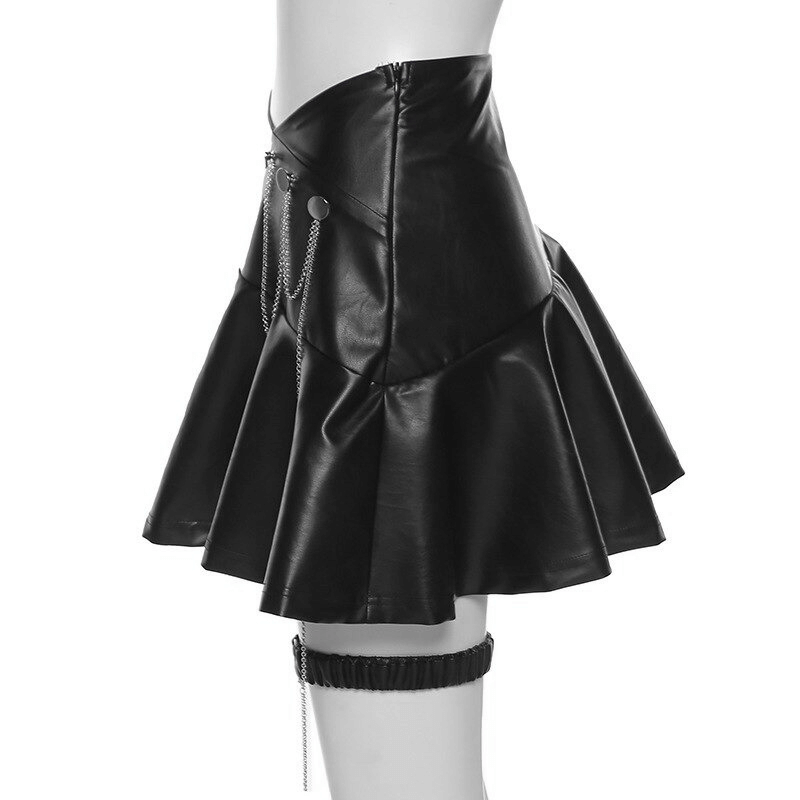 A-line black faux leather mini skirt featuring leg garter on metal chain for a chic punk rock style.