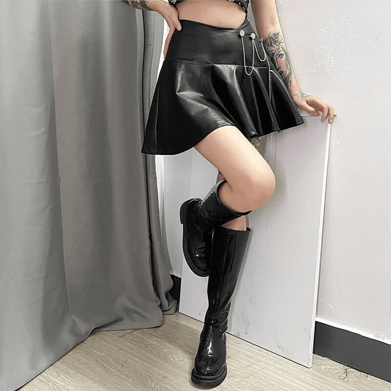 A-line black faux leather mini skirt with leg garter and metal chain, styled for punk rock fashion.