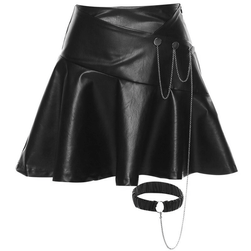 A-line black faux leather mini skirt with leg garter and metal chain, perfect for a punk rock style wardrobe.