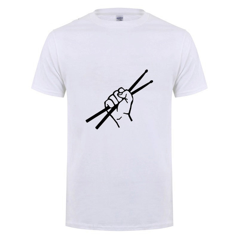 White t-shirt featuring a graphic of a hand holding drumsticks, perfect for drummers and music lovers.