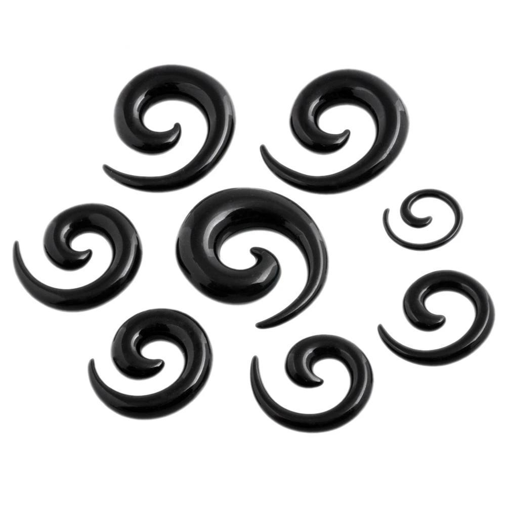 Set of black acrylic spiral taper plugs and expanders in various sizes for ear stretching, stylish rock accessories.
