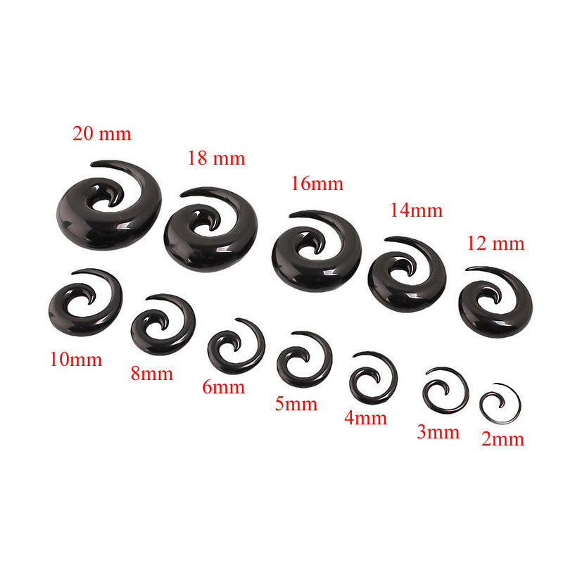 Various sizes of black acrylic spiral taper ear stretchers, ranging from 2mm to 20mm, perfect for stylish ear stretching.