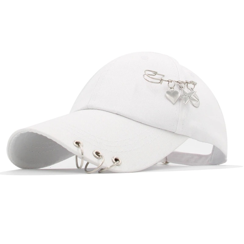 Unisex white adjustable baseball cap with ring piercing and decorative pins, perfect for punk style fashion.