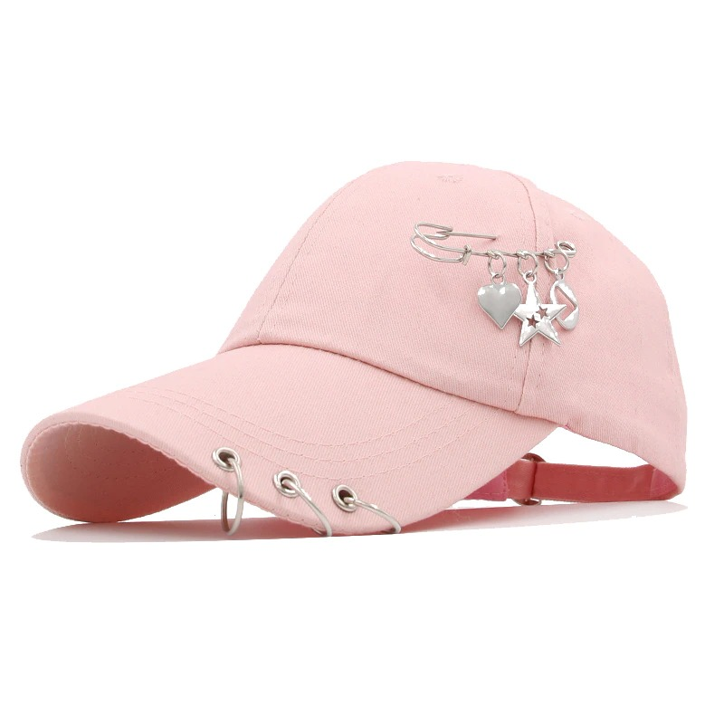 Pink unisex baseball cap with ring piercing and decorative charms in punk style, perfect for everyday wear.