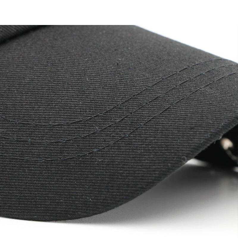 Close-up of a black adjustable baseball cap showcasing detailed stitching and cotton fabric, perfect for punk style.