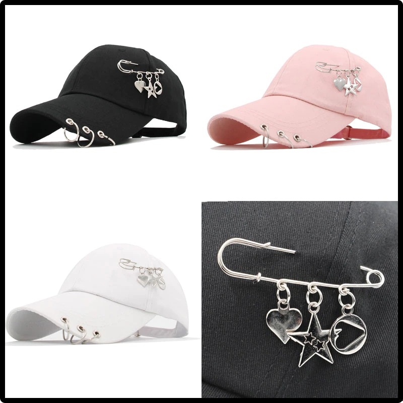 Adjustable unisex baseball caps in punk style with decorative ring piercings in black, pink, and white.