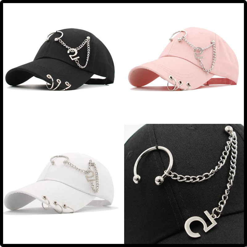 Stylish unisex baseball caps in black, pink, and white with ring piercing and chain, perfect for punk fashion.