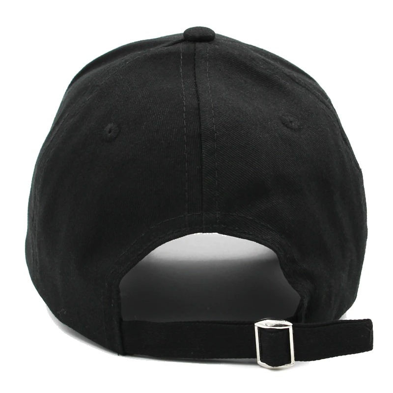 Back view of unisex adjustable black baseball cap with strap, perfect for punk style lovers.