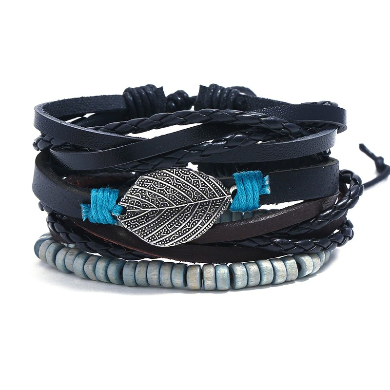 Multi-layered adjustable leather bracelet set with silver feather pendant and teal accents.