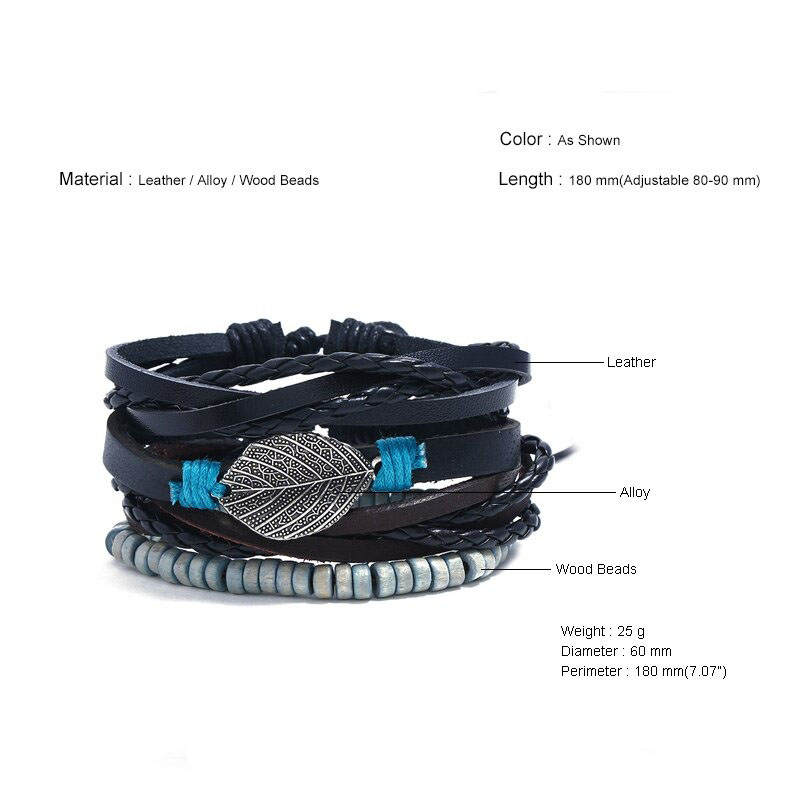 Adjustable multi-layered leather bracelet set with feather pendant, suitable for punk style outfits.