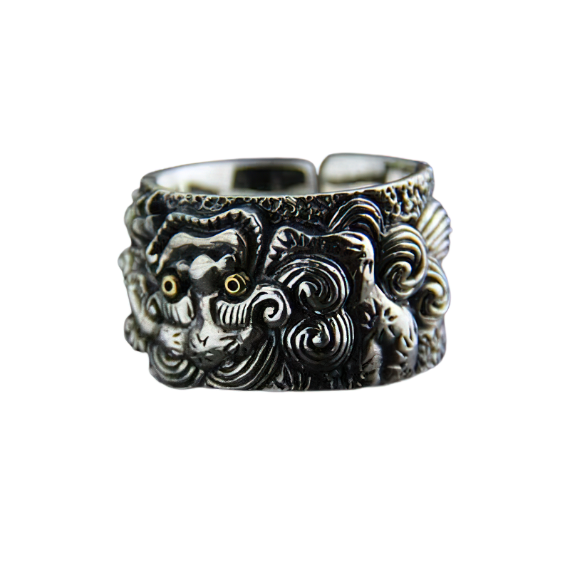 Men’s adjustable ring featuring a mythical animal design, crafted from pure 925 sterling silver for a vintage look.