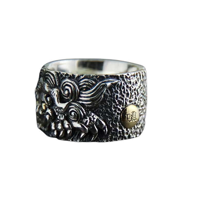 Adjustable sterling silver ring featuring a mythical wild animal design, perfect for vintage style enthusiasts.