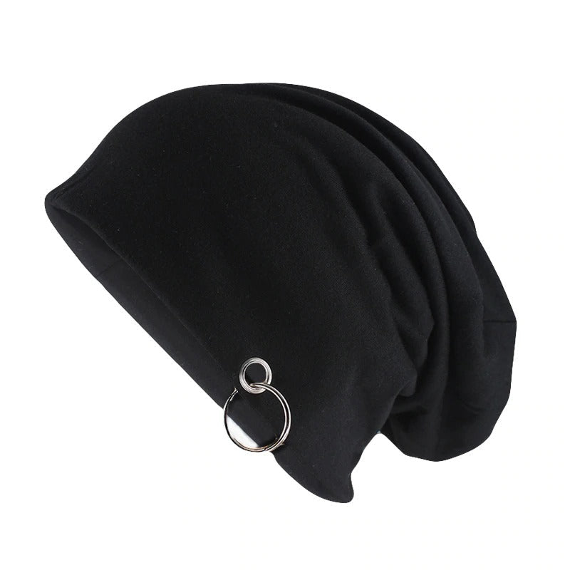 Adult unisex black minimalistic beanie with metal ring for autumn and winter fashion.
