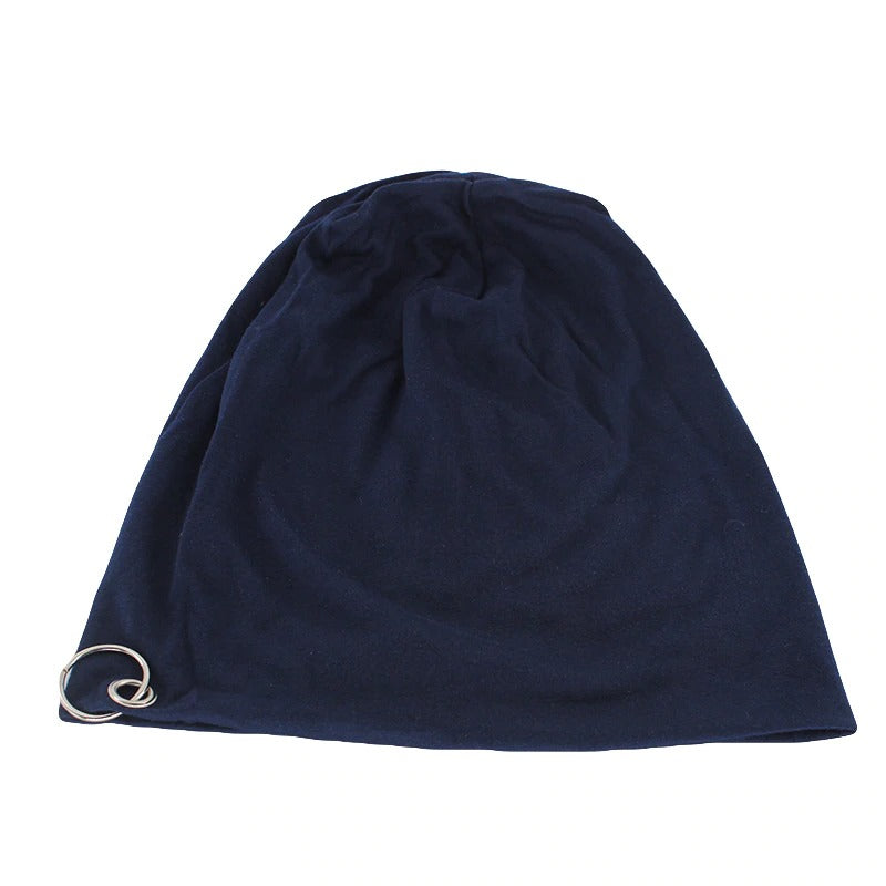Navy unisex minimalistic beanie with a metal hoop, perfect for autumn and winter fashion.