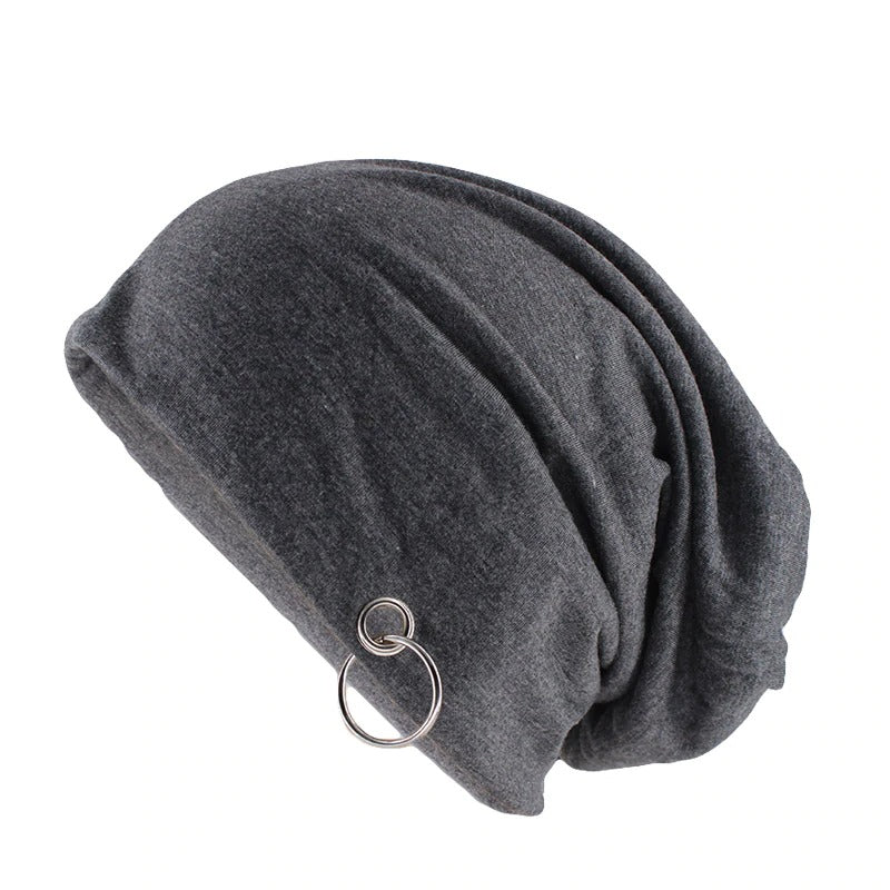 Dark grey adult unisex beanie with metal hoop, perfect for minimalistic autumn and winter fashion.