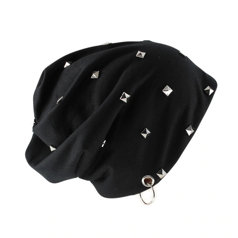 Stylish black beanie with square metal studs and hoop, perfect for autumn and winter fashion.