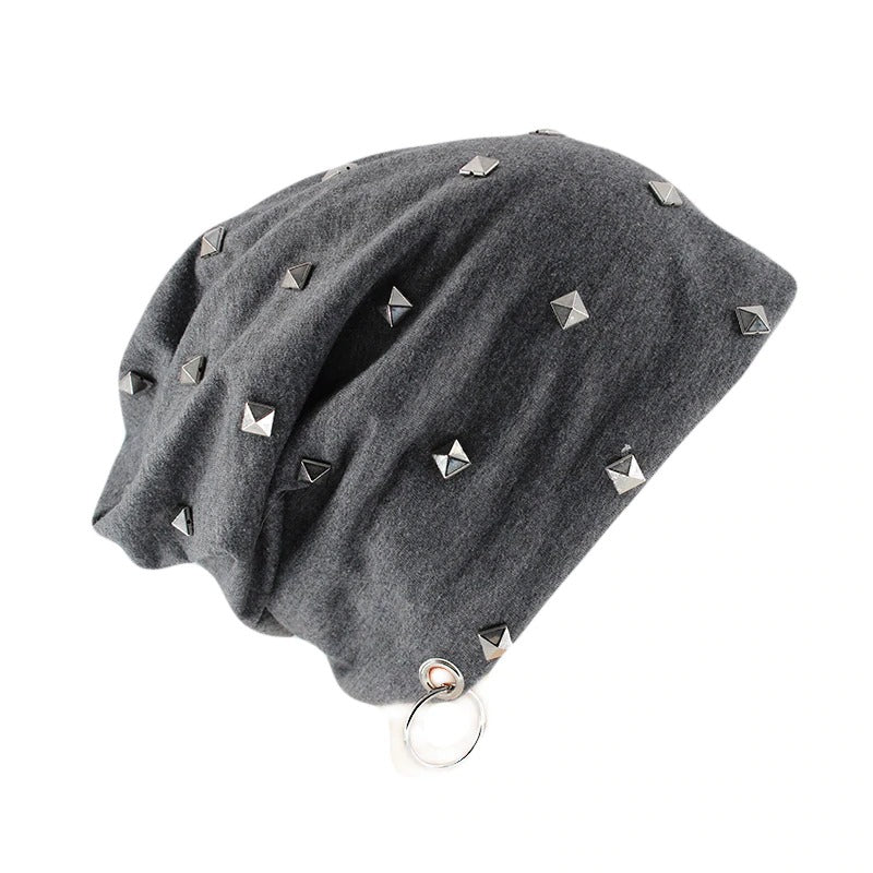 Stylish grey beanie with square metal rivets and hoop, perfect for alternative autumn and winter fashion.