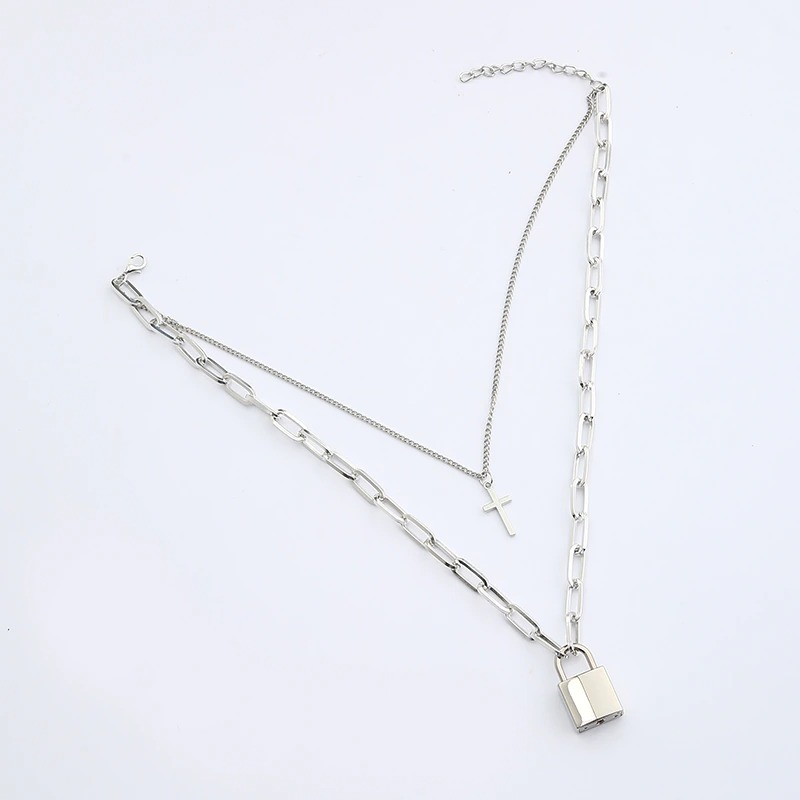 Aesthetic chain punk necklace featuring square lock and cross pendants, perfect for grunge and goth styles.