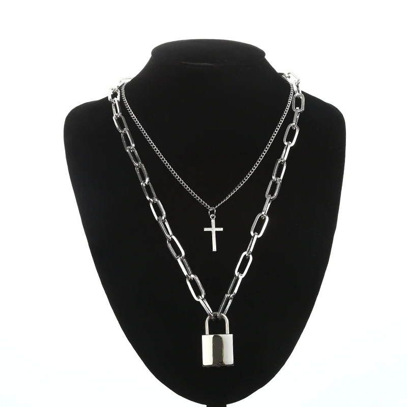 Aesthetic Chain Punk Necklace for Women and Men / Square Lock Cross Pendants / Grunge Goth Accessories - HARD'N'HEAVY
