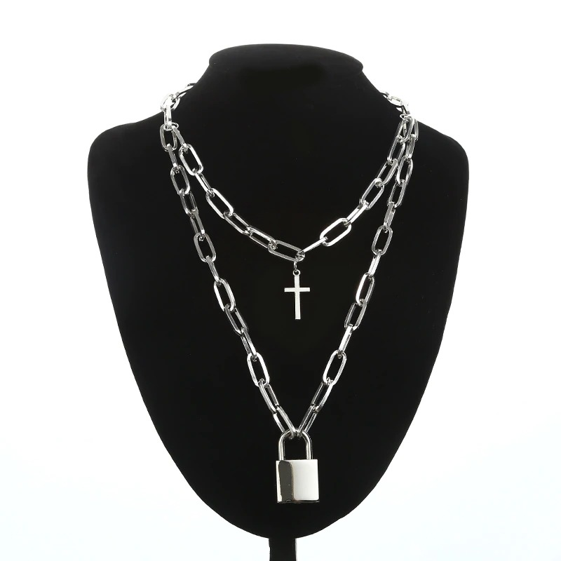 Aesthetic Chain Punk Necklace for Women and Men / Square Lock Cross Pendants / Grunge Goth Accessories - HARD'N'HEAVY