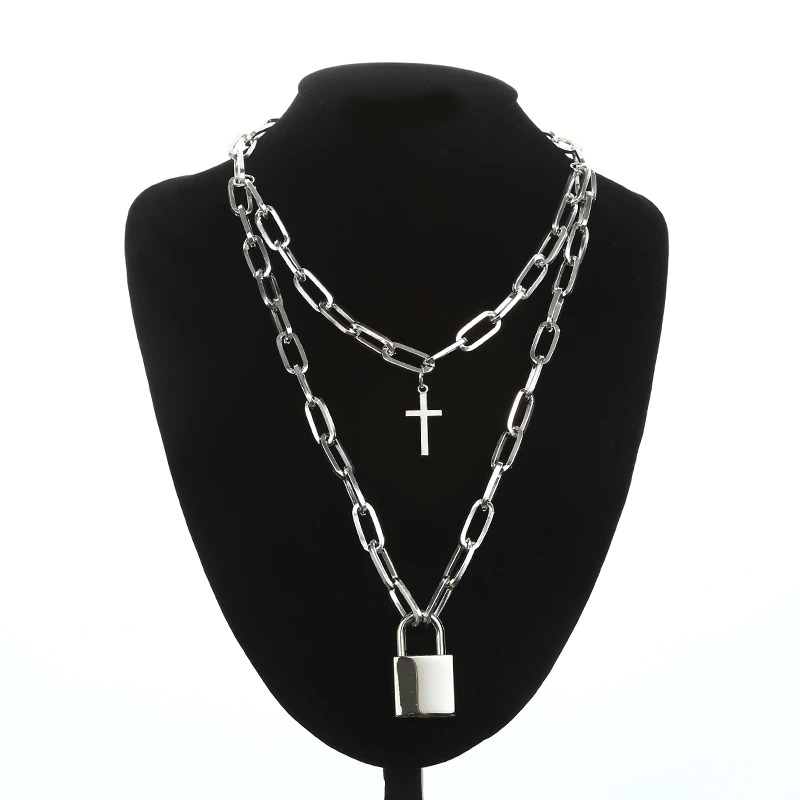 Aesthetic chain punk necklace featuring square lock and cross pendants, perfect for goth and grunge styles.