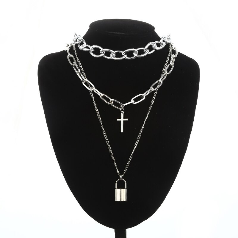 Stylish aesthetic chain punk necklace featuring silver chains, square lock and cross pendants for men and women.