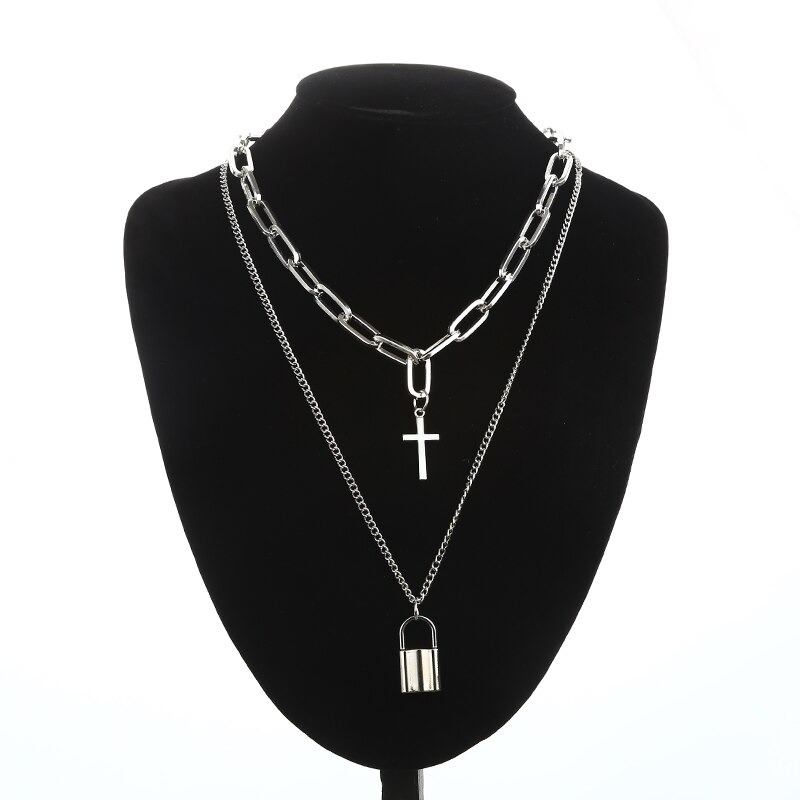 Aesthetic chain punk necklace with square lock and cross pendant, stylish accessory for goth and grunge looks.
