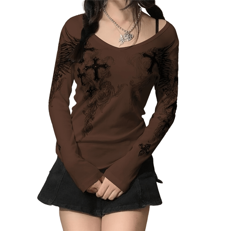 Aesthetic women's long sleeve top featuring cross wings print in brown, paired with a casual skirt.