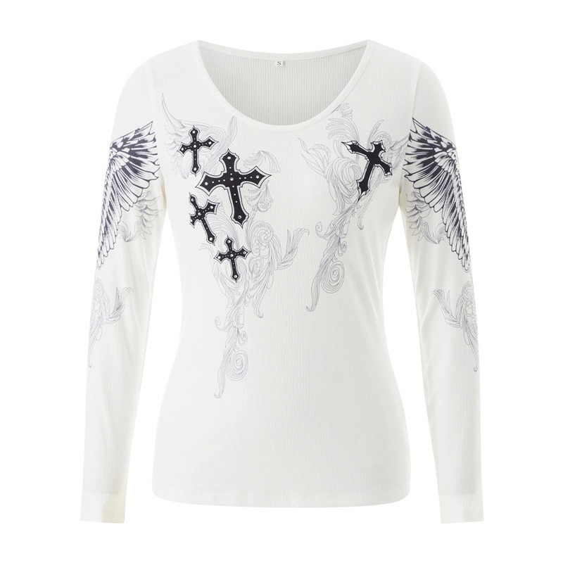Aesthetic Cross Wings Print Long Sleeves Tops / Casual Ribbed Women's Clothes