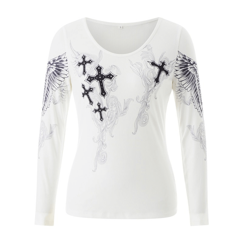 Aesthetic women's long sleeve top featuring cross wings print on a white fabric, perfect for casual wear.