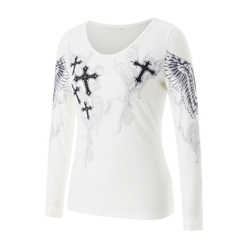 Aesthetic Cross Wings Print Long Sleeves Tops / Casual Ribbed Women's Clothes
