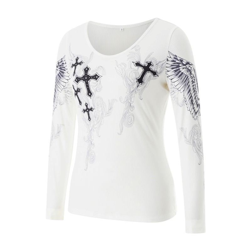 Aesthetic women's long sleeve top featuring cross wings print on a white background, perfect for casual styling.