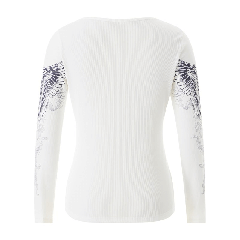 Back view of a white long sleeve top with cross wings print on sleeves, perfect for an aesthetic wardrobe.
