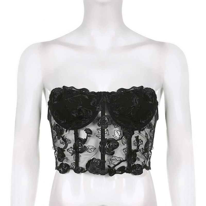 Aesthetic Floral Lace Top for Women / Fashion Sexy Transparent Cropped Tops